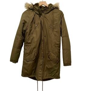 American Eagle Parka Jacket Small Green Faux Fur Hood Long Winter Coat 90s Y2K